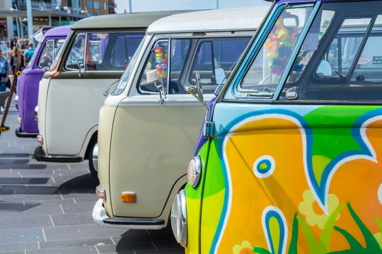 Scheveningen beach, the Netherlands - May 21, 2017: VW kombi camper wagens at Aircooled classic car show