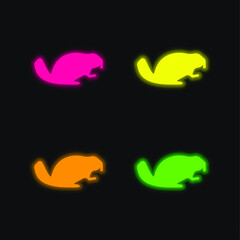 Beaver Facing Right four color glowing neon vector icon