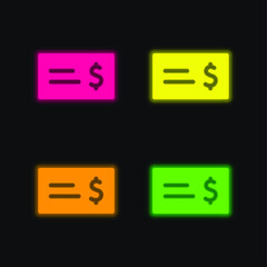 Bank Check four color glowing neon vector icon