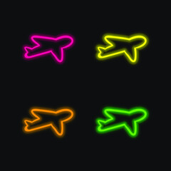 Airplane Outline four color glowing neon vector icon