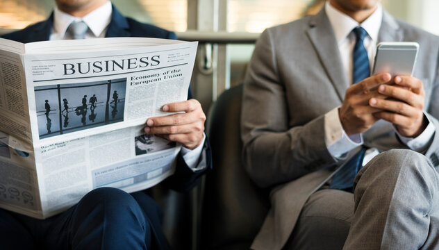 Business Men Break Sit Read Newspaper