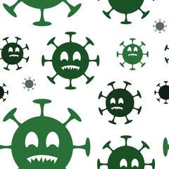 Seamless pattern with green symbols of coronavirus on a white background with cartoon faces. Childrens background in flat style on the theme of pandemic