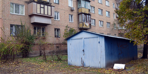 Modern ghetto. Bad district. Residential area in Kiev at autumn. Exterior. Ukraine
