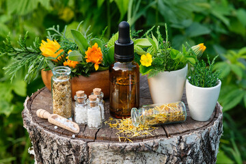 Bottles of homeopathy granules. Dropper bottle of tincture or oil. Homeopathic and naturopathic...