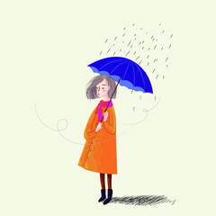 Young girl holding umbrella icon character vector illustration.