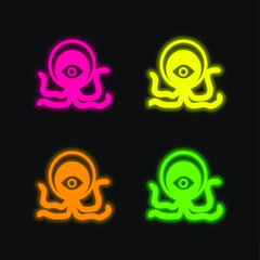 Alien Creature four color glowing neon vector icon