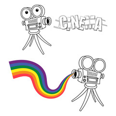 Silhouette of vintage cinema projector on a tripod with multicolor beam. Detailed camcorder with film strip and text. Set of design elements for film festival template, banner, flyer, poster, tickets.