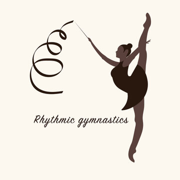 logo vector silhouette rhythmic rythmic gymnastics black girl with brown suite with ribbon and text