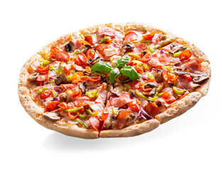 pizza with bacon, salami and vegetables isolated on white background