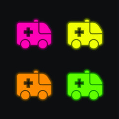 Ambulance four color glowing neon vector icon
