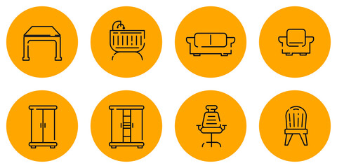 Furniture outline icons set. Set of home furniture, loft table, hallway furniture, wardrobe closet, baby bed, chair, sofa