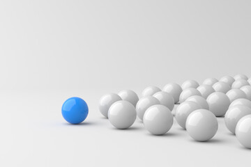 Leadership concept, blue leader ball, standing out from the crowd of white balls. 3D Rendering