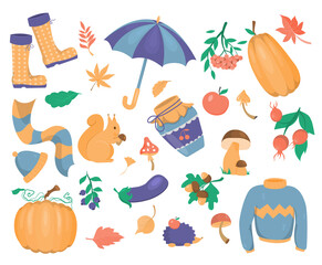 A set of autumn graphic elements on a white background. Seasonal clothing items and autumn leaves with vegetables. Clipart for creating patterns and layouts.