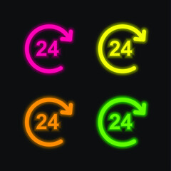 24 Hours four color glowing neon vector icon