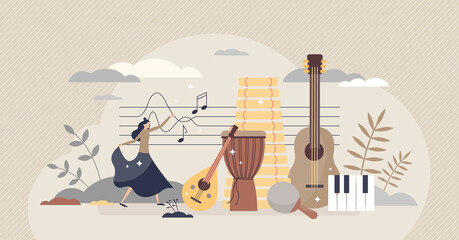 Ethnomusicology music study or ethnic folklore research tiny person concept. Songs and instruments learning from social and cultural contexts vector illustration. Education about old notes and melody. - 443604052