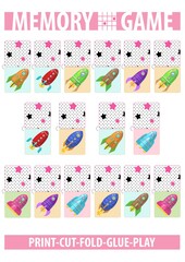 Set of cards for memory game with cartoon rockets. Print, cut, fold, glue, play. A4 proportion page. Portrait vertical orientation. Vector.