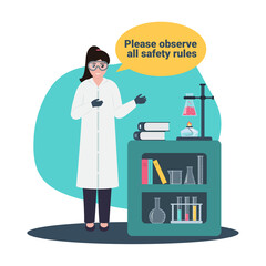 School, college, science chemical laboratory safety concept with young woman in white robe and chemical equipment. Observe safety rules text. Vector illustration