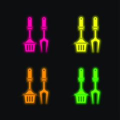 Bbq Equipment four color glowing neon vector icon