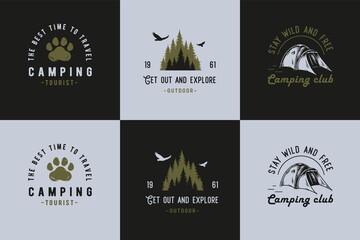 Forest camping for travel print. Timber hiking and expedition for traveler and tourist. Graphic design for outdoor adventure. Sport activity