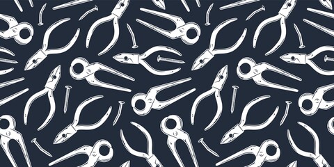 Plier tool. Tongs or pincer for equipment carpentry and repair wood workshop. Seamless pattern