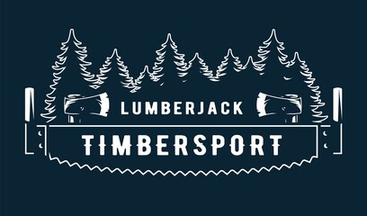 Fototapeta premium Lumberjack wood log with rings and saw for logo and emblem of carpenter. Timber or lumber with hacksawfor t-shirts print design of axeman, woodsman