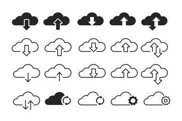 Cloud upload and download icon collection. Download, upload, sync cloud arrows. Line style filled vector signs. Symbols of cloud computing and online storage. Vector illustration