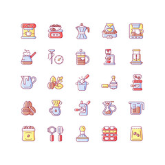 Coffee and barista accessories RGB color icons set. Drip machine. French press. Espresso preparation. Isolated vector illustrations. Cafe appliance simple filled line drawings collection