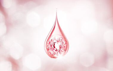 Pink collagen serum or essence drop, cosmetic advertising background, 3d rendering. - obrazy, fototapety, plakaty