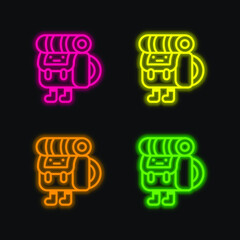 Backpack four color glowing neon vector icon