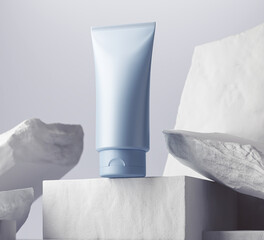 cosmetic plastic tube, face hand and body cream package on Minimal stone background, 3d rendering.