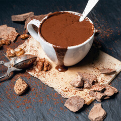 Homemade spicy hot chocolate with cinnamon in a white porcelain cup on a stone or concrete background