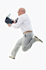 Running Man with laptop. Isolated on white background.