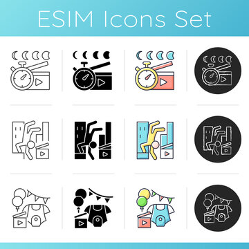 Types Of Video Icons Set. Time Lapse. Shooting Parkour Footage. Virtual Baby Shower Party. Videography Production. Linear, Black And RGB Color Styles. Isolated Vector Illustrations