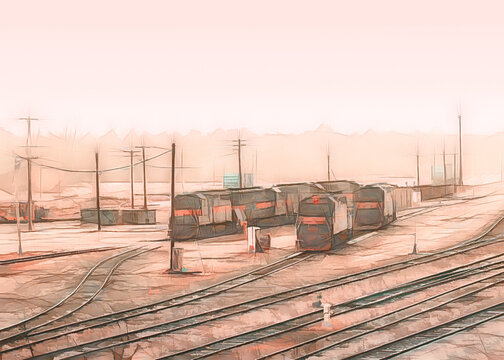 Freight Train Illustration Showing Trains On Railroad Tracks Ready To Leave The Train Yard.