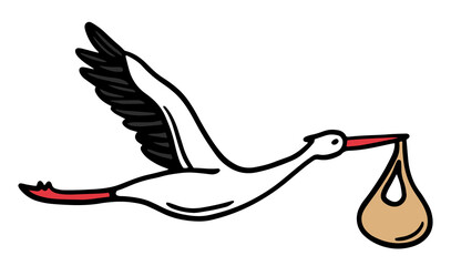 Vector illustration of a stork carrying a child cartoon doodles . hand drawing