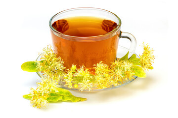 Cup of herbal tea with linden flowers isolated on white background