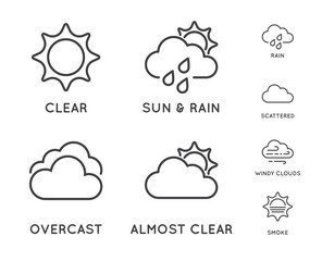 Set of Weather Related Line Icons. Contains Wind, Blizzard, Sun, Rain and more. Stroke Style.