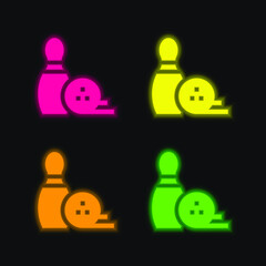 Bowling Pin four color glowing neon vector icon