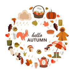 Autumn set with lettering. Cute elements collection, vector illustration in flat style

