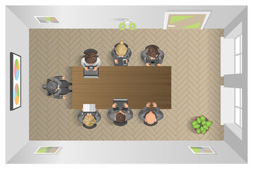 Business meeting in an office Business presentation meeting in an office around a table. Top view.