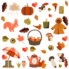 Autumn set with lettering. Cute elements collection, vector illustration in flat style

