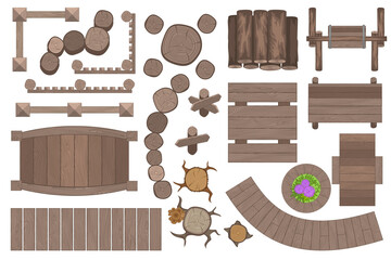 Vector set for landscape design. Wooden elements for the park, garden. Top view. Bridges, paths, fences, furniture, hemp. View from above. - 443609029