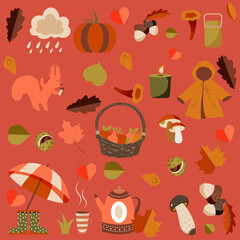 Autumn set with lettering. Cute elements collection, vector illustration in flat style

