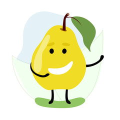 Obraz premium Yellow cheerful pear laughs on a green background.