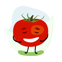 Vector illustration with a red cartoon tomato with limbs and a face. The tomato laughs.