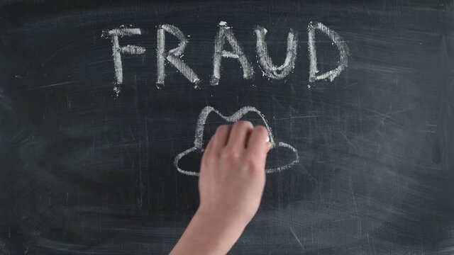 Word fraud is written on chalkboard and picture of a swindler in a hat with glasses is drawn, timelapse. Concept of deception and fraud.