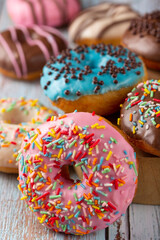 Delicious assorted colorful donuts on the table.