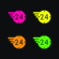 24 Hours four color glowing neon vector icon