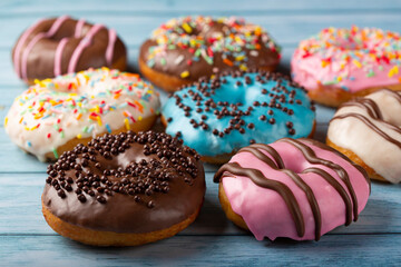 Delicious assorted colorful donuts on the table.