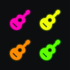 Acoustic Guitar four color glowing neon vector icon